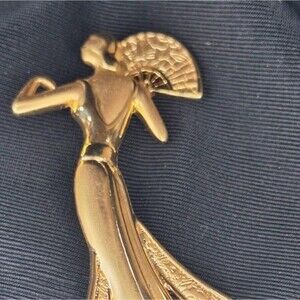 JJ Brooch Elegant in Ball Gown Lady Goldtone with Fan 3" Tall